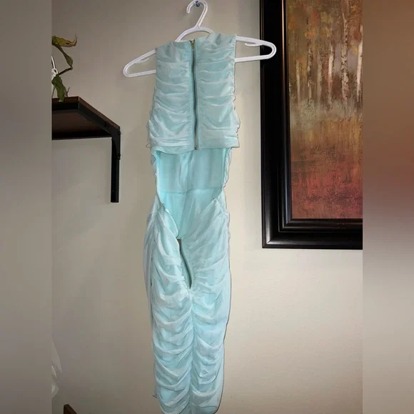 NEW Mint Blue Ruched Mini Cut Out Wrap Detail Dress - Picture 3 of 6